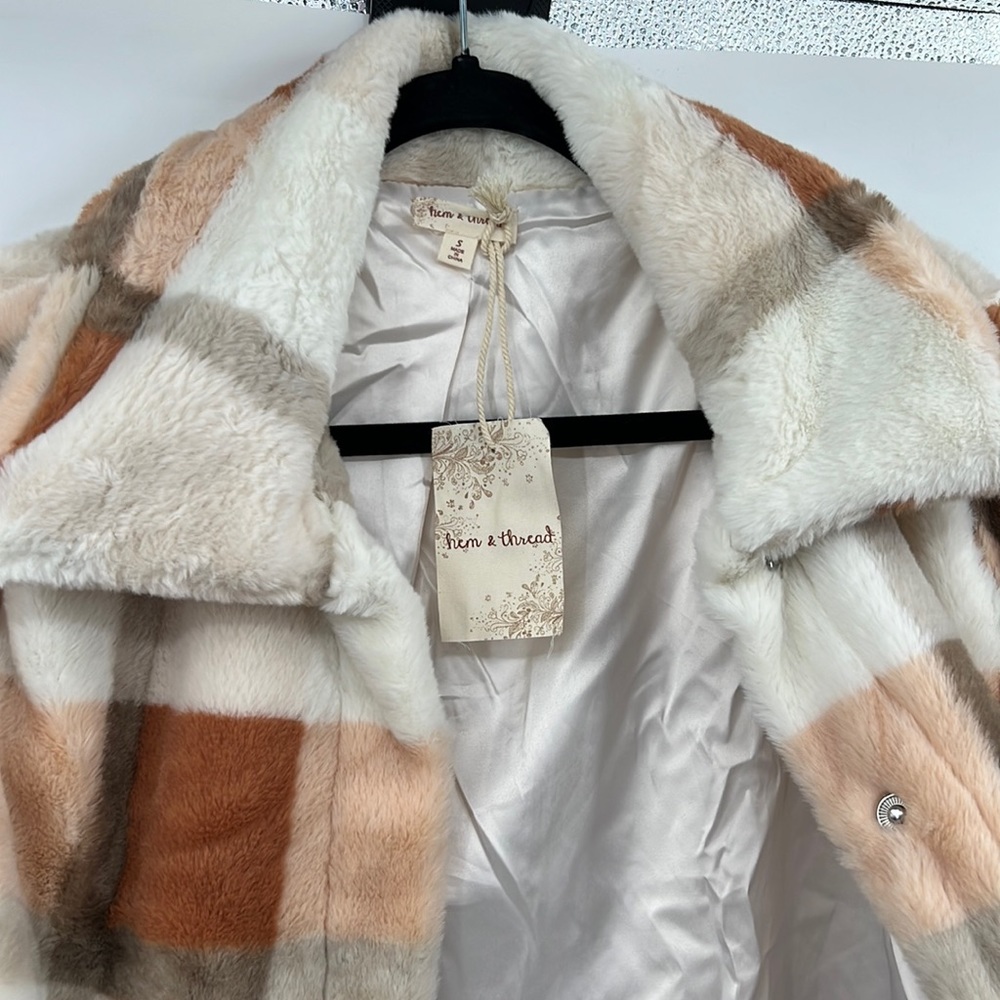 🆕Hem & Thread Fleece Jacket Plaid Colorblock Cream Orange Brown Lined Restocked - Picture 10 of 15